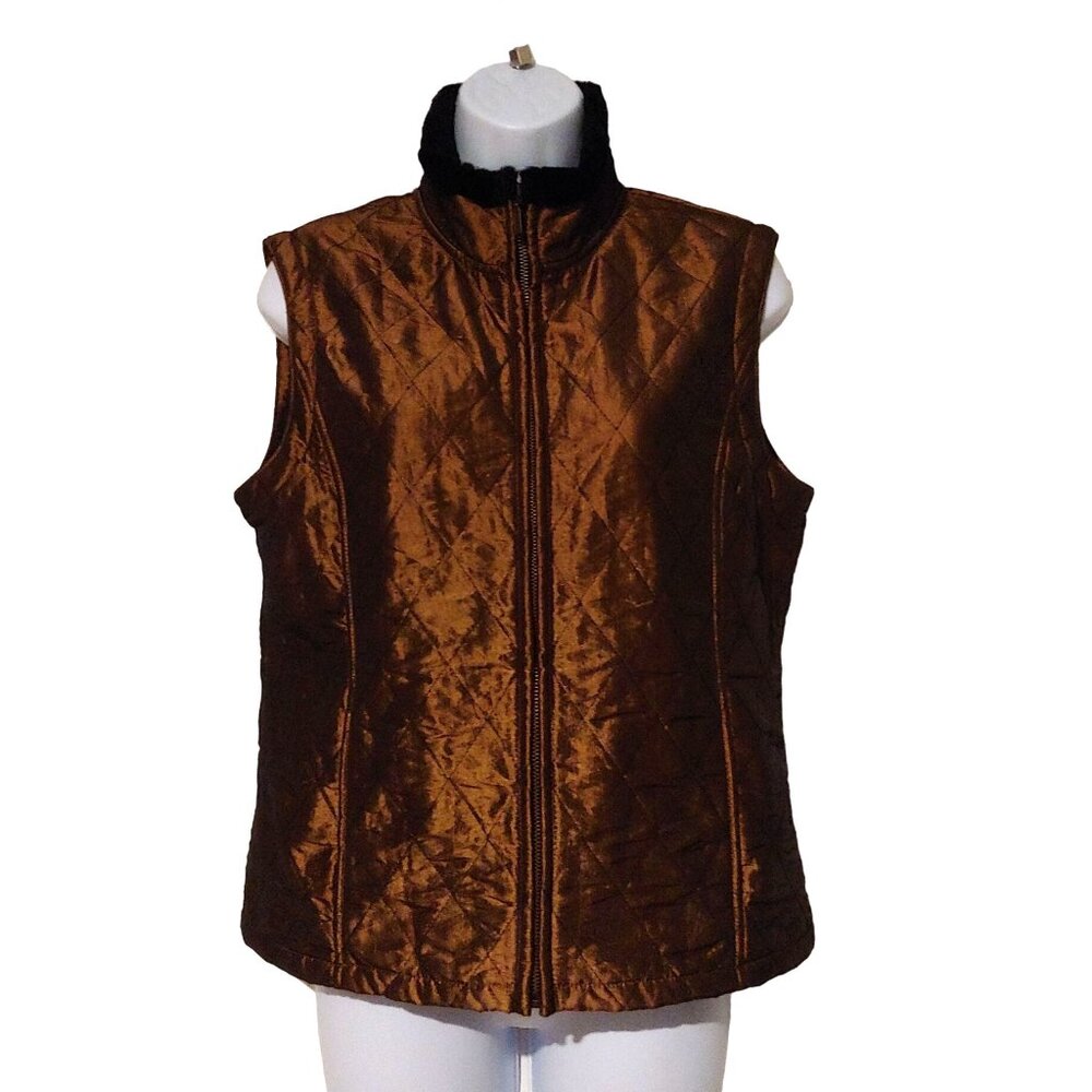 County Clothing Company Bronze Shiny Faux Fur Lined Zip Vest Pockets. S